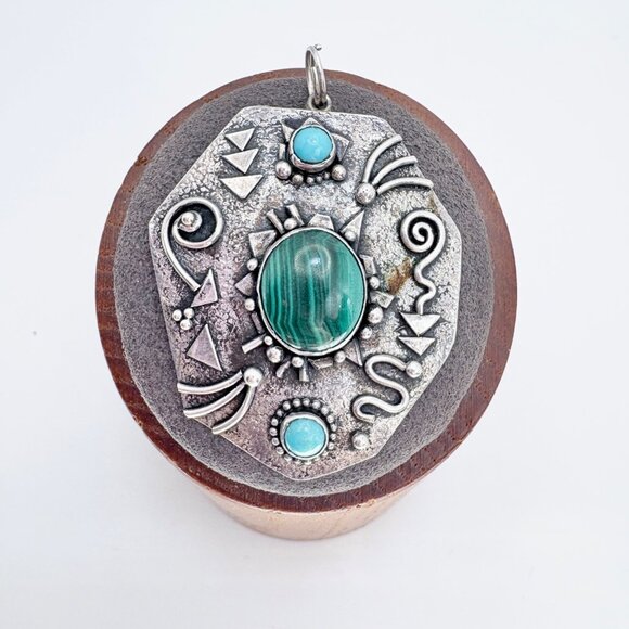 Sterling Silver 925 Malachite & Turquoise Native American Pendant 1.75" Length - Picture 1 of 9